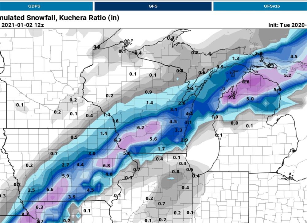 00z GFS snowfall prediction for FRI JAN 1