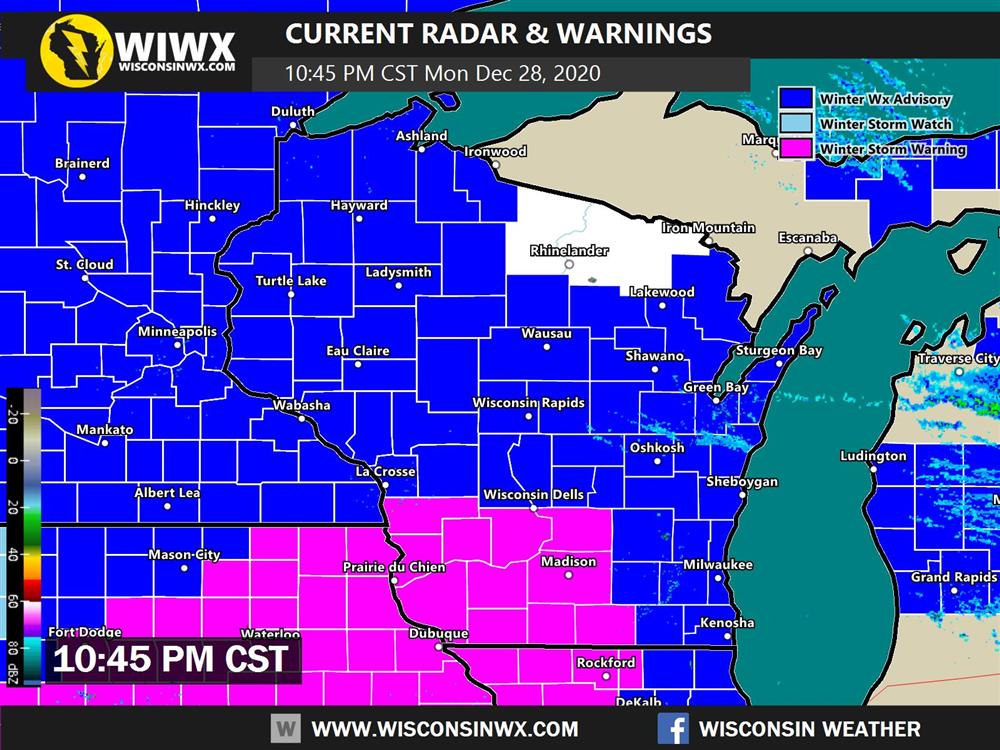 Looks like fun! Most of Wisconsin under an advisory or warning for snow tomorrow night. Sorry Rhinelander!