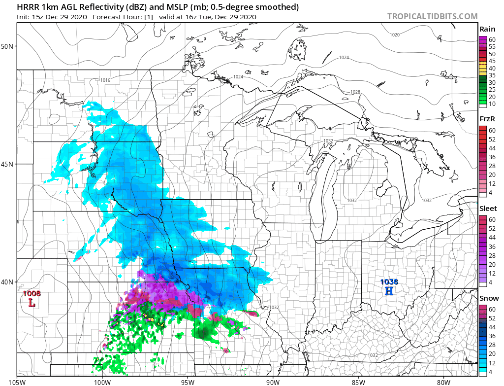 HRRR precipitation type simulation loop for tonight