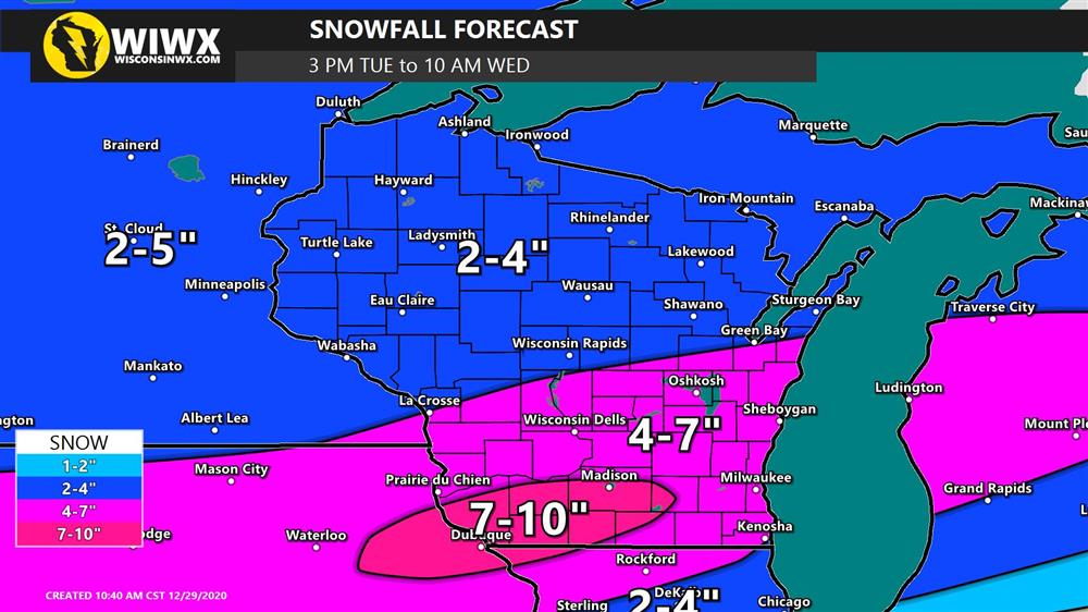 Snowfall forecast created at 10:30AM TUES.