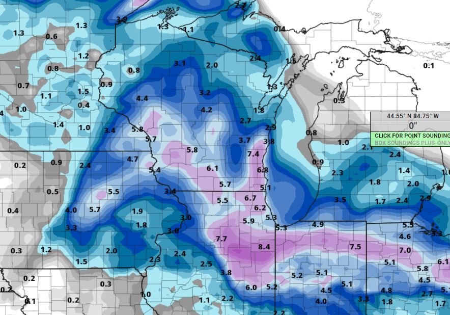 00NAM latest snowfall prediction showing 4-7