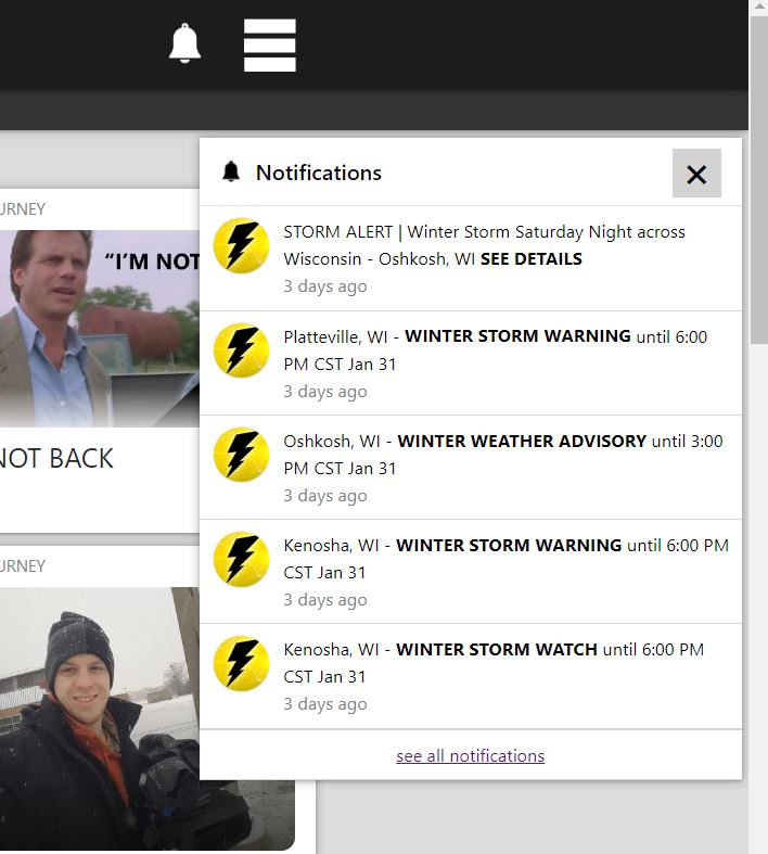 Notification menu appears when clicking the bell icon upper right.