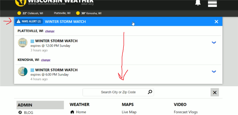 NWS Alert bar expands down. You can further expand to see alert txt and click a link to see all the information.