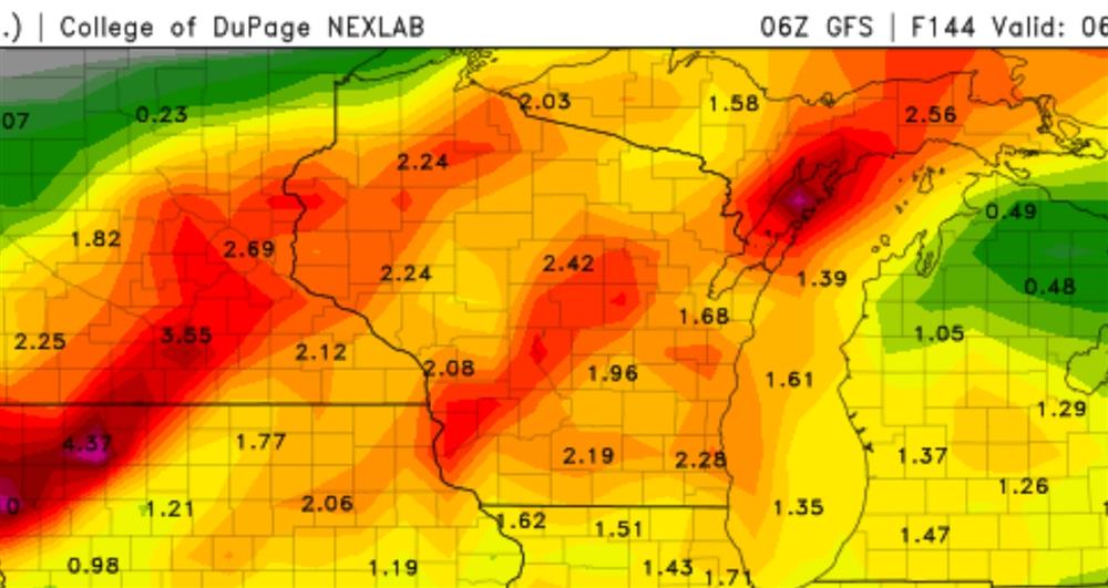 GPS forecasted precipitation amounts for next week.
