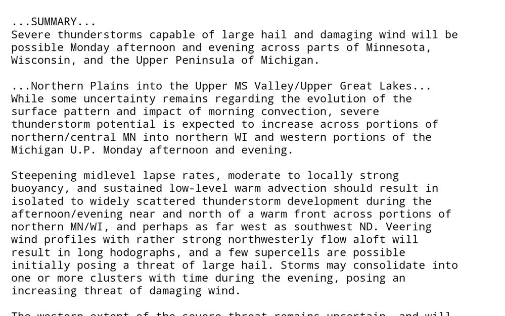 Text from SPC outlook issued earlier on Sunday.