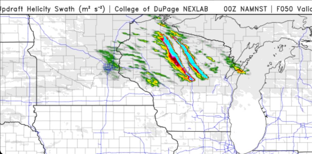 Exceptional NAM updraft helicity tracks for Wednesday night MCS across Northern WI.