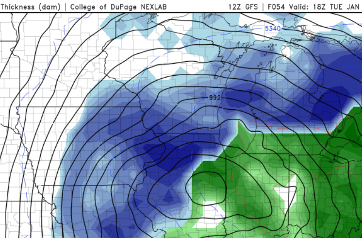 GFS model simulation for noon on Tuesday with snow developing across Wisconsin.