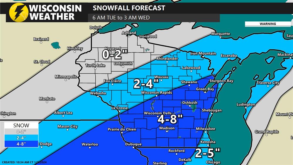 Snow forecast prediction created at 10:30am on Sunday 1/7
