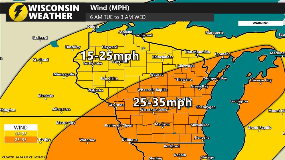 Max Wind gust forecast for Tuesday/Tuesday night created at 10:30am on Sunday 1/7