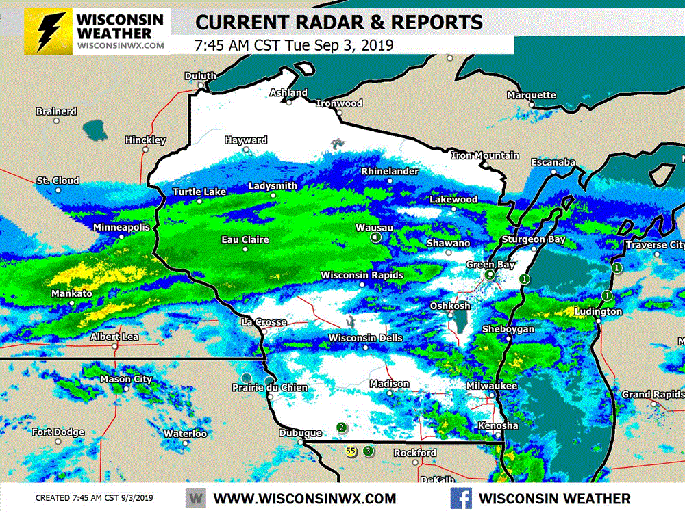 Current 3HR Wisconsin radar and storm reports loop